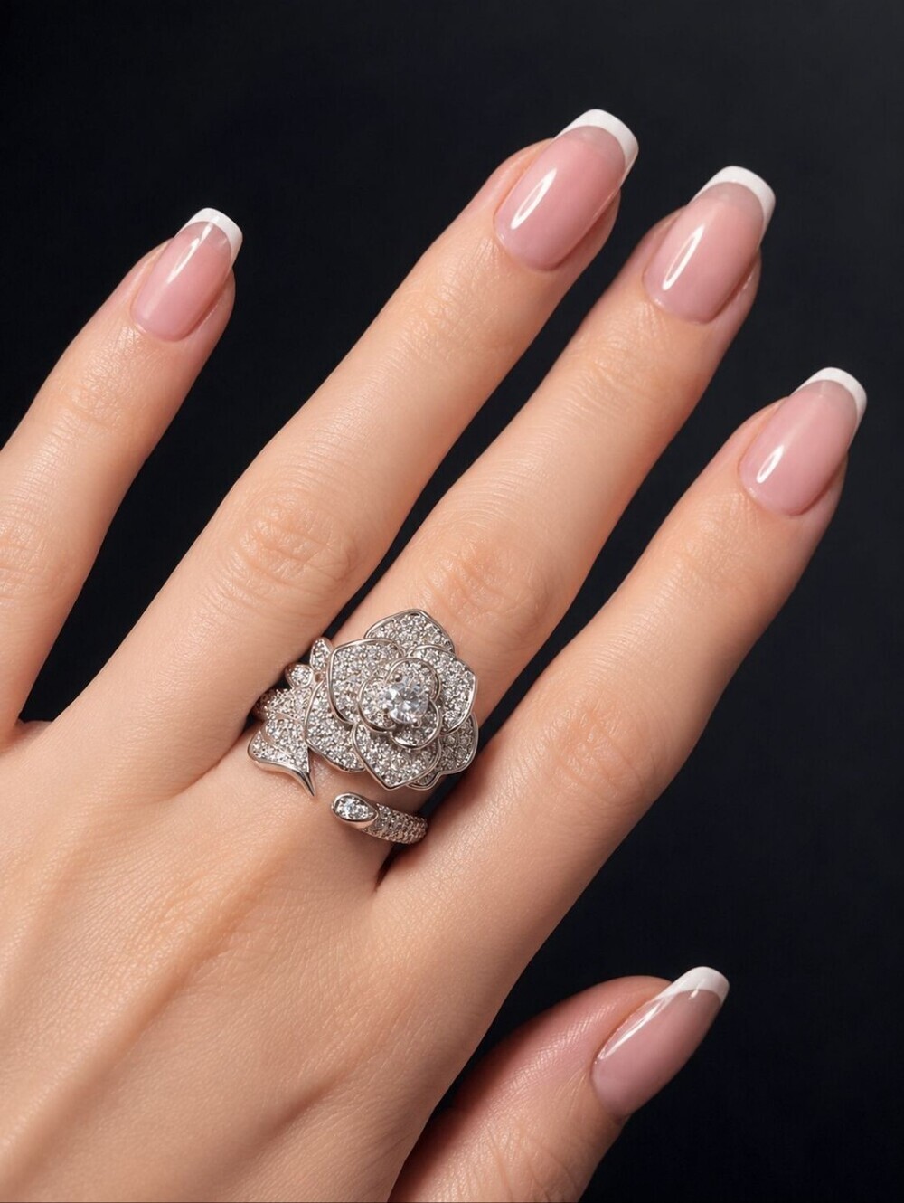 Silver Tone Pavé Rose Cocktail Ring
